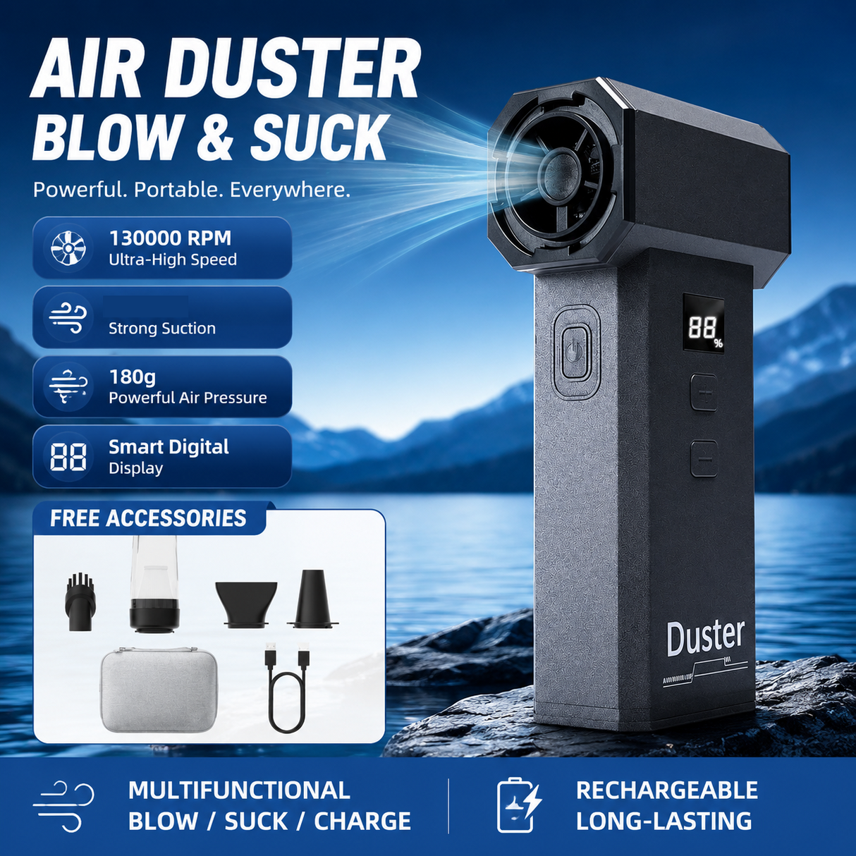 Black cordless handheld turbo vacuum and blower with nozzle attachments