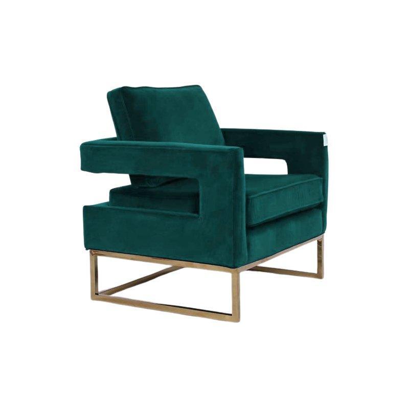 Golden Framed Grey Velvet Accent Chair with Sloped Armrests