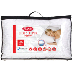 Long Island gusseted fibre ball side sleeper pillow on a bed