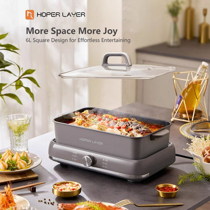 Square electric hot pot shown with the lid fitted