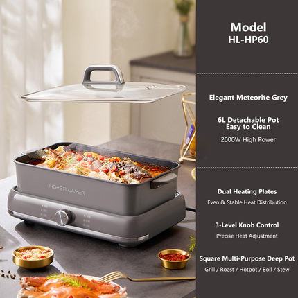 Dual layer nonstick coating inside the square 6 L cooking pot