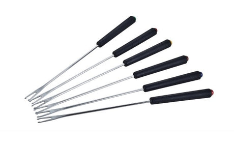 Six stainless steel fondue forks with coloured handle markers