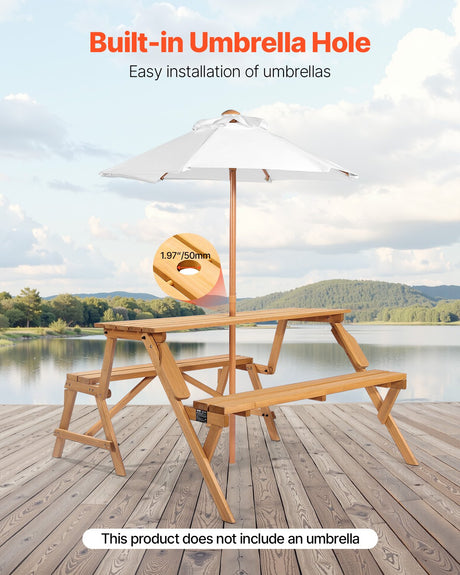 Brown wooden 2 in 1 convertible picnic table and bench set with umbrella hole