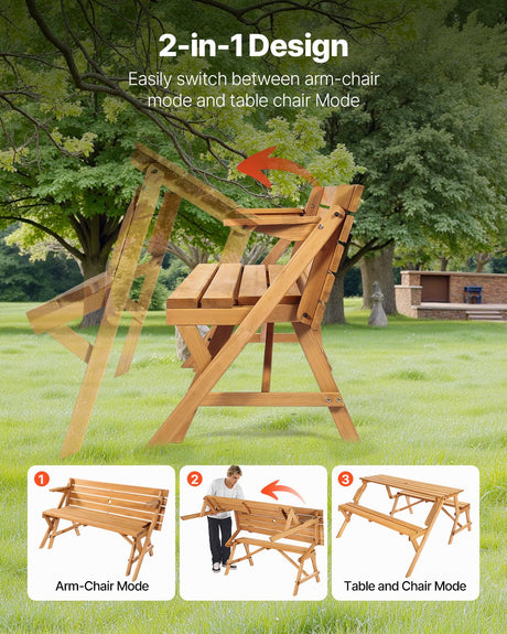 Brown wooden 2 in 1 convertible picnic table and bench set with umbrella hole