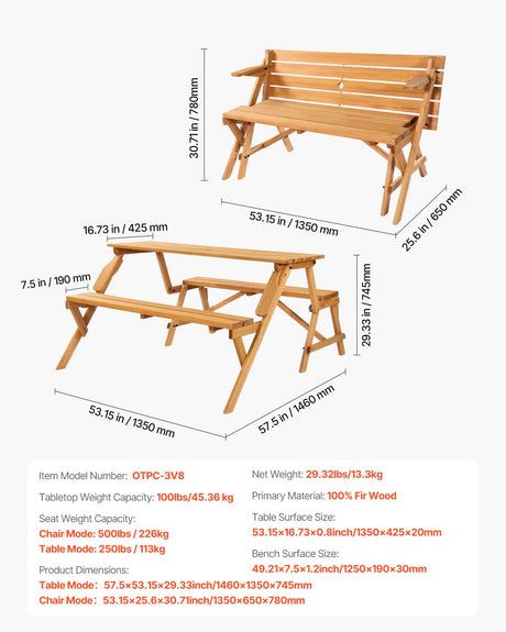 Brown wooden 2 in 1 convertible picnic table and bench set with umbrella hole