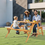 Brown wooden 2 in 1 convertible picnic table and bench set with umbrella hole