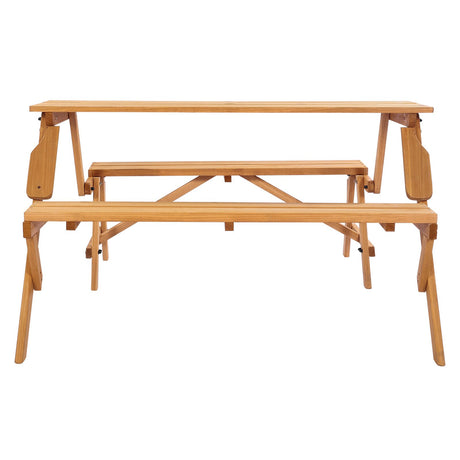 Brown wooden 2 in 1 convertible picnic table and bench set with umbrella hole