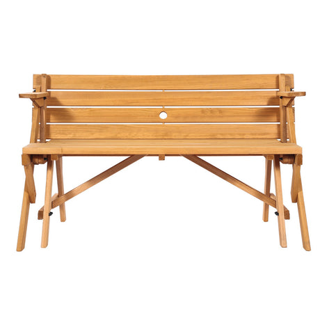Brown wooden 2 in 1 convertible picnic table and bench set with umbrella hole