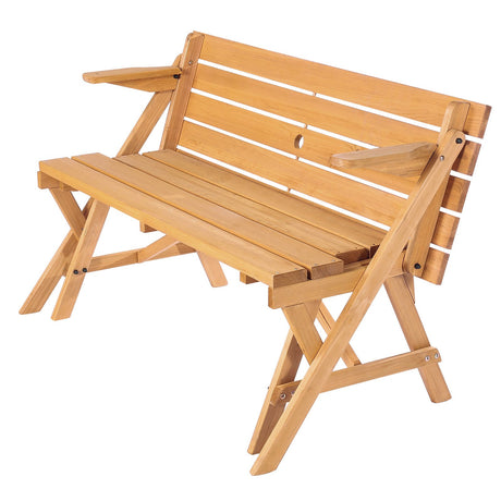 Brown wooden 2 in 1 convertible picnic table and bench set with umbrella hole