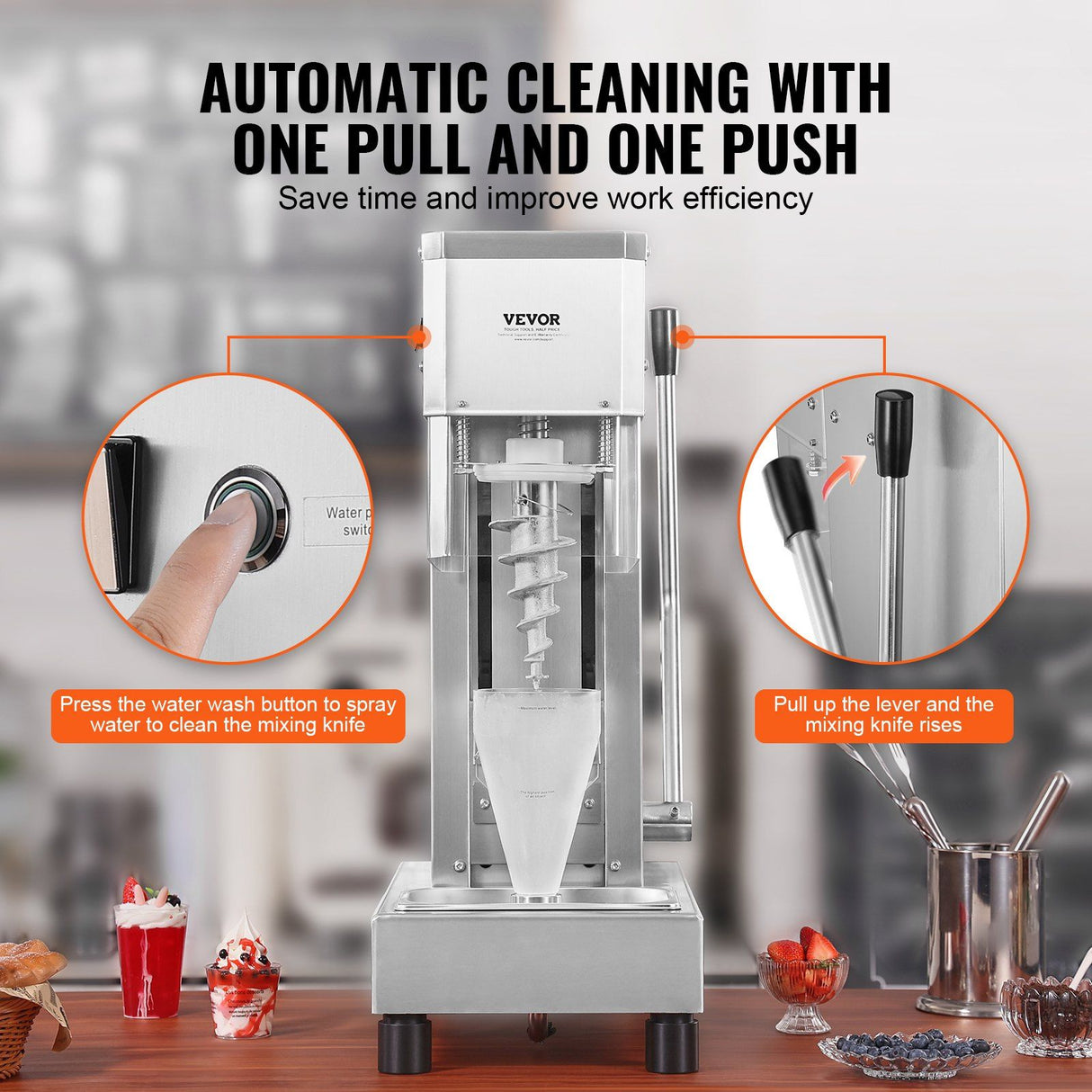 Extra long handle used to control mixing on the ice cream blender