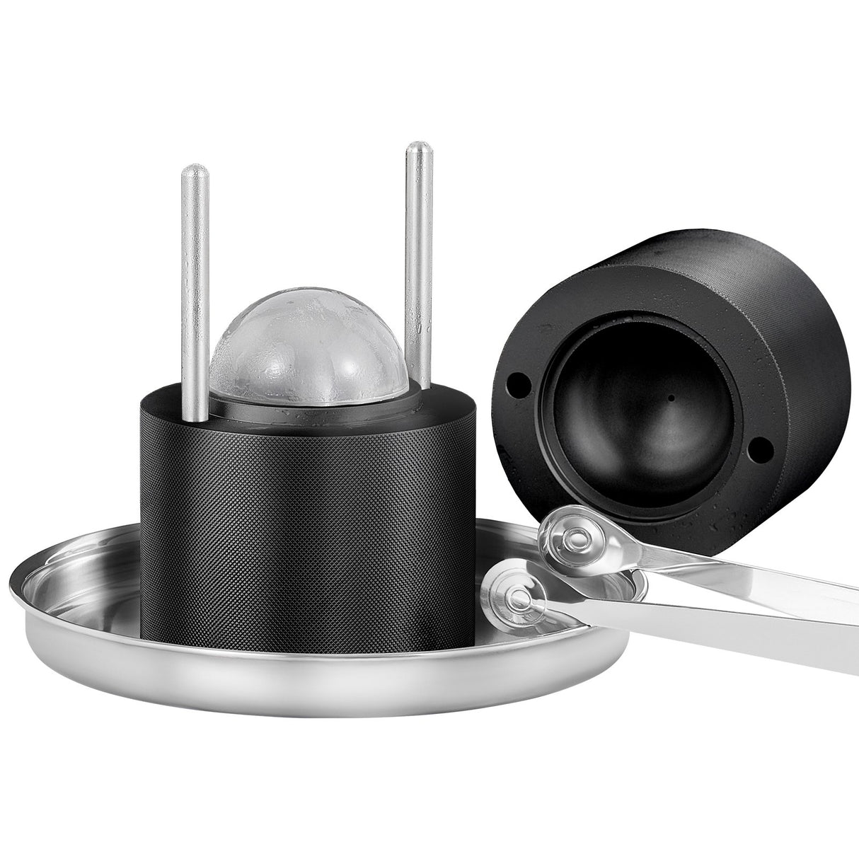 Cabra black aluminium ice ball press with tong and tray