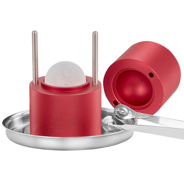 Sattel red aerospace aluminium ice ball press shaping a 60mm ice sphere