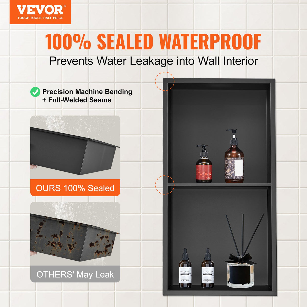 Recessed stainless steel double shelf shower niche, 33 x 63.5 cm