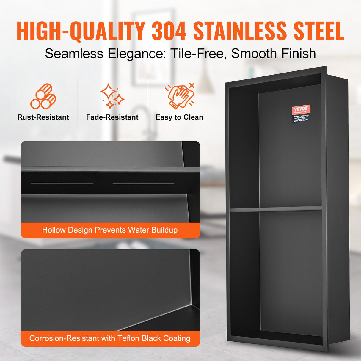 Recessed stainless steel double shelf shower niche, 33 x 63.5 cm