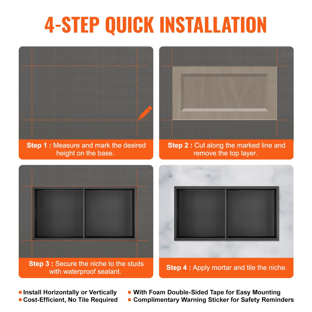 Recessed stainless steel double shelf shower niche, 33 x 63.5 cm
