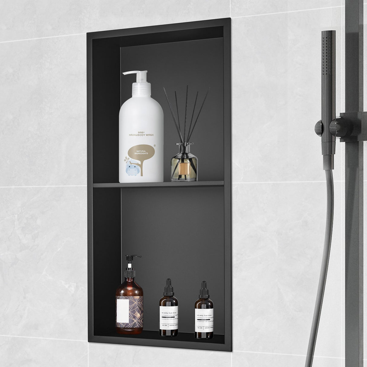 Recessed stainless steel double shelf shower niche, 33 x 63.5 cm