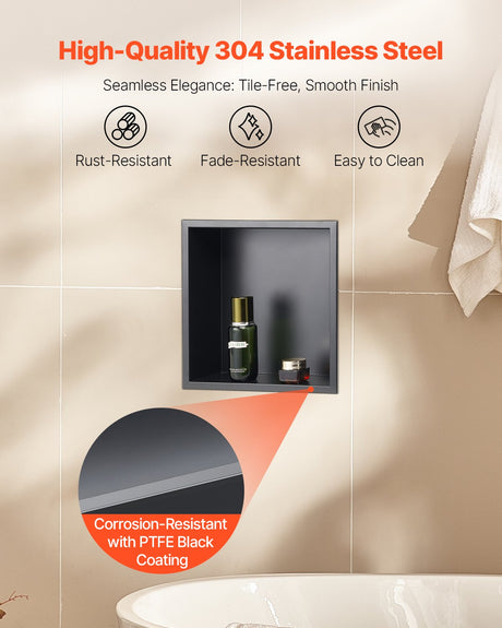 Recessed stainless steel shower niche, black, 33 x 33 cm single shelf