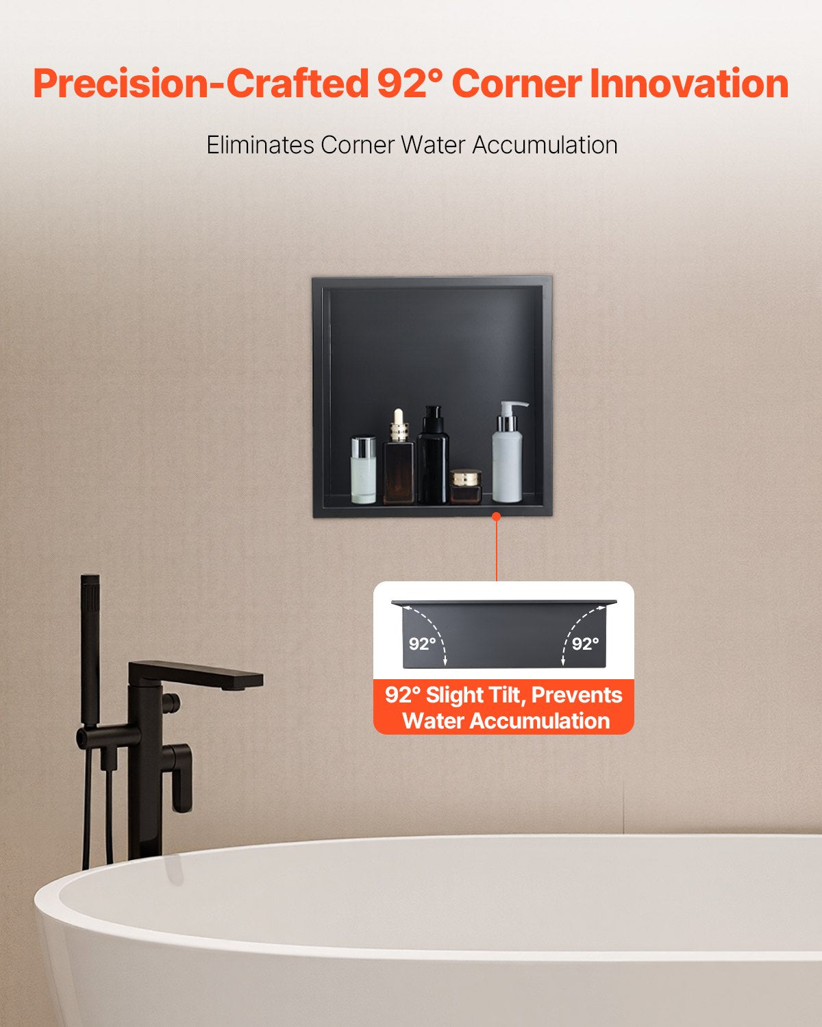 Recessed stainless steel shower niche, black, 33 x 33 cm single shelf