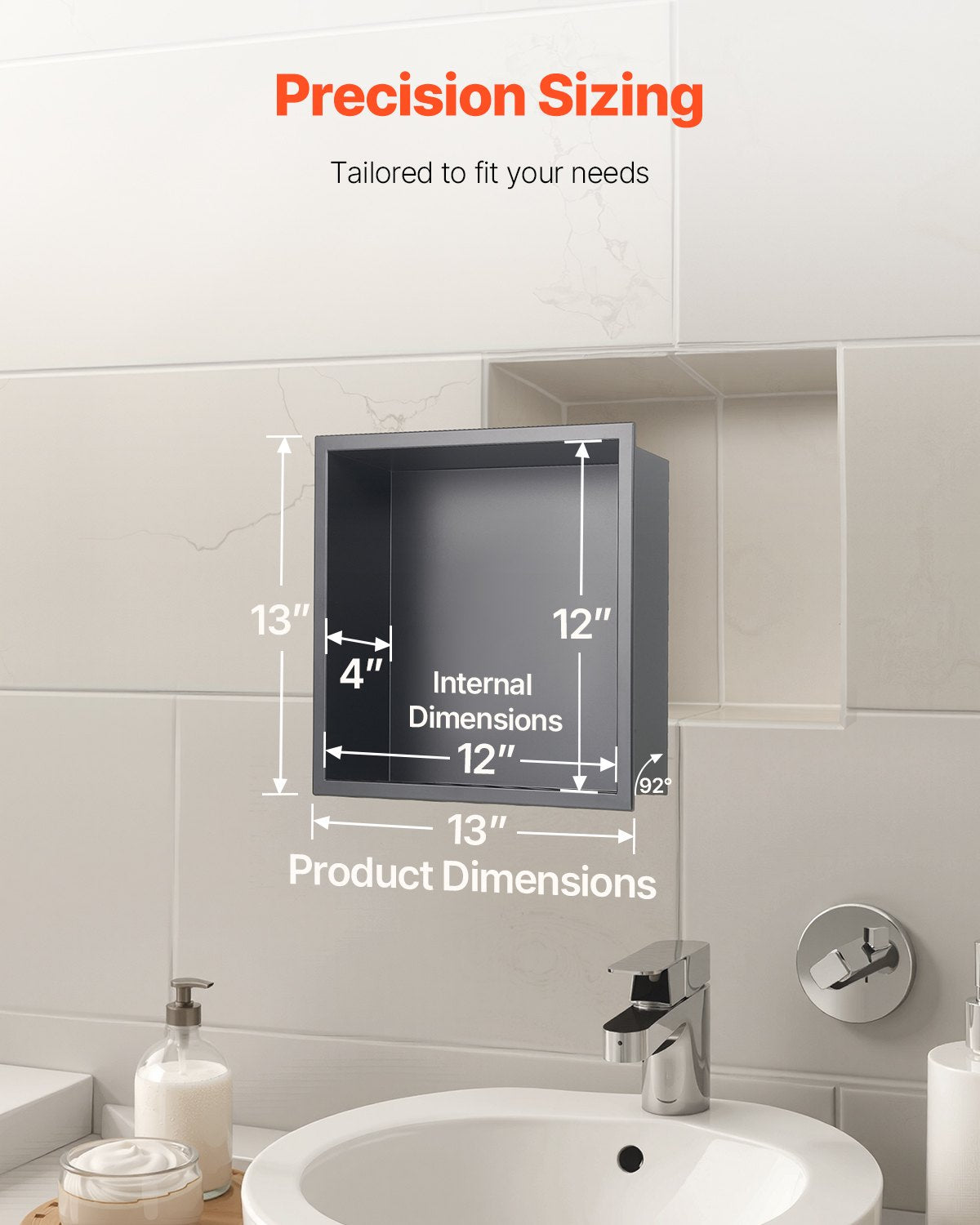 Recessed stainless steel shower niche, black, 33 x 33 cm single shelf