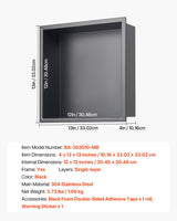 Recessed stainless steel shower niche, black, 33 x 33 cm single shelf