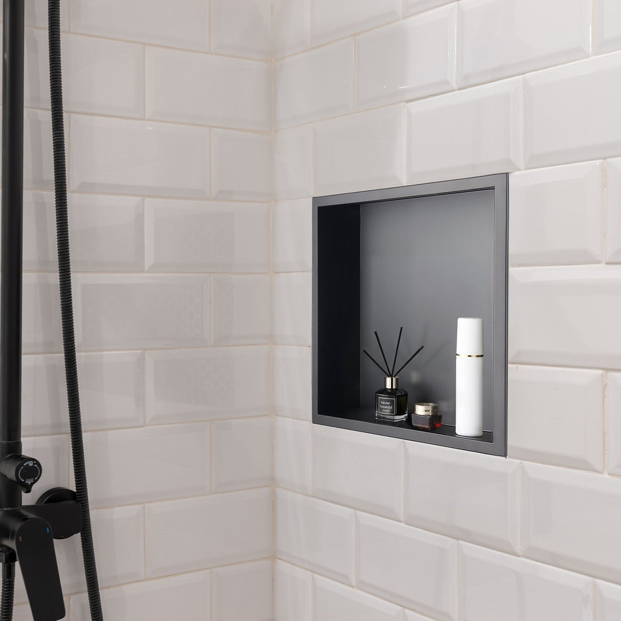 Recessed stainless steel shower niche, black, 33 x 33 cm single shelf