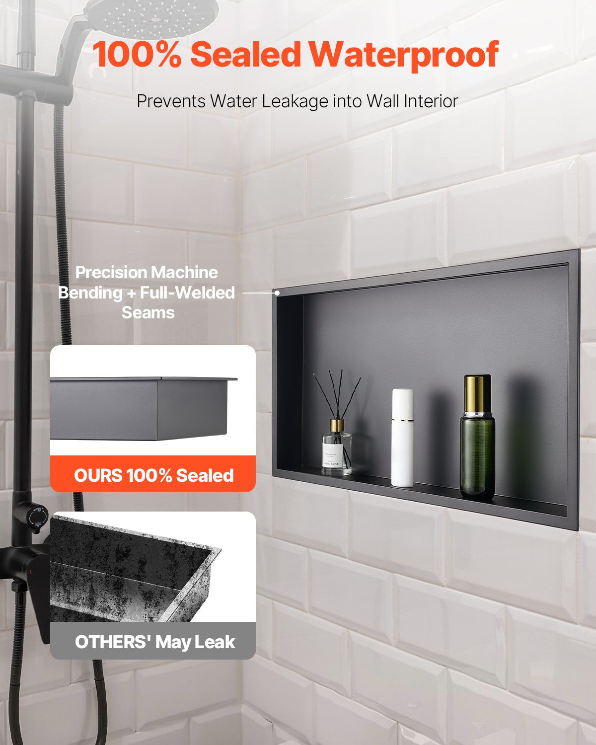 Recessed stainless steel shower niche, black, 33 x 63.5 cm single shelf
