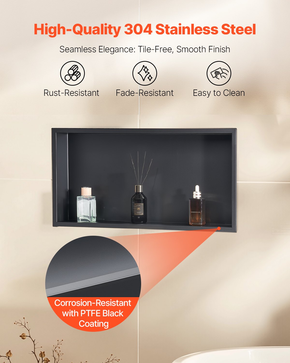 Recessed stainless steel shower niche, black, 33 x 63.5 cm single shelf
