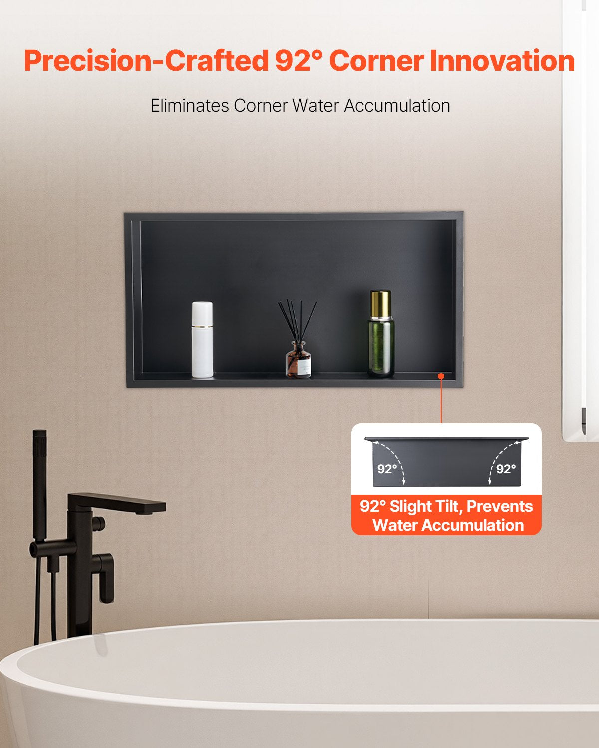 Recessed stainless steel shower niche, black, 33 x 63.5 cm single shelf