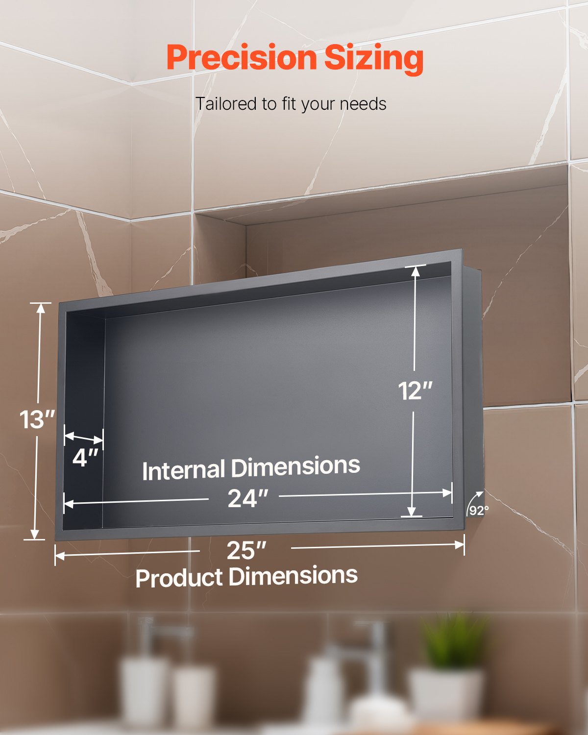 Recessed stainless steel shower niche, black, 33 x 63.5 cm single shelf