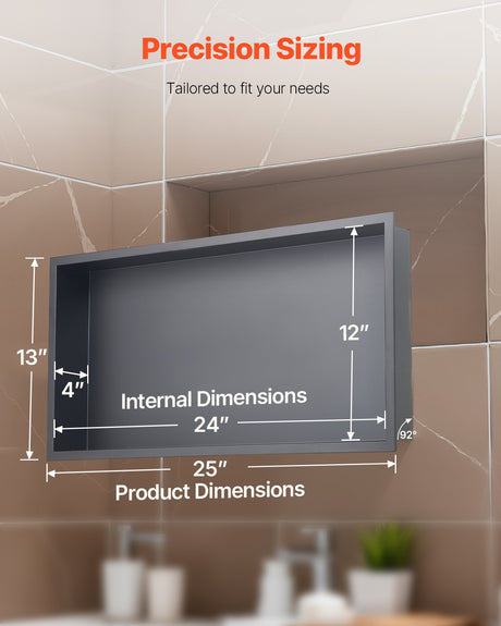 Recessed stainless steel shower niche, black, 33 x 63.5 cm single shelf