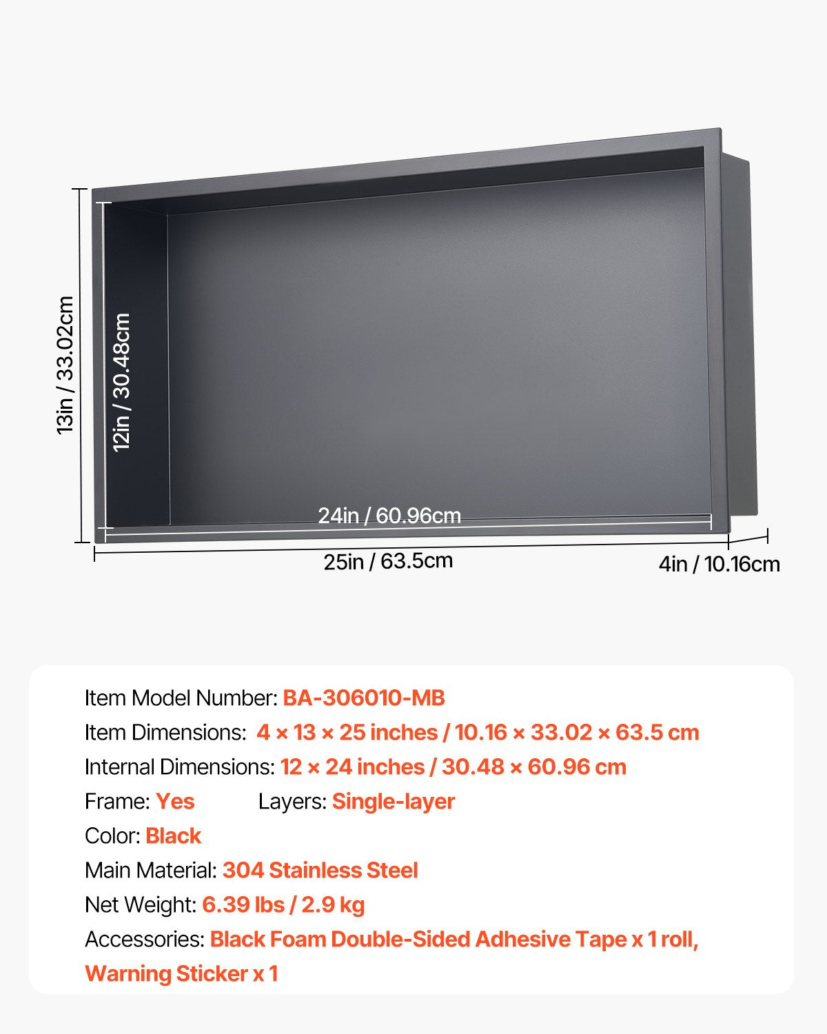 Recessed stainless steel shower niche, black, 33 x 63.5 cm single shelf