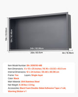 Recessed stainless steel shower niche, black, 33 x 63.5 cm single shelf