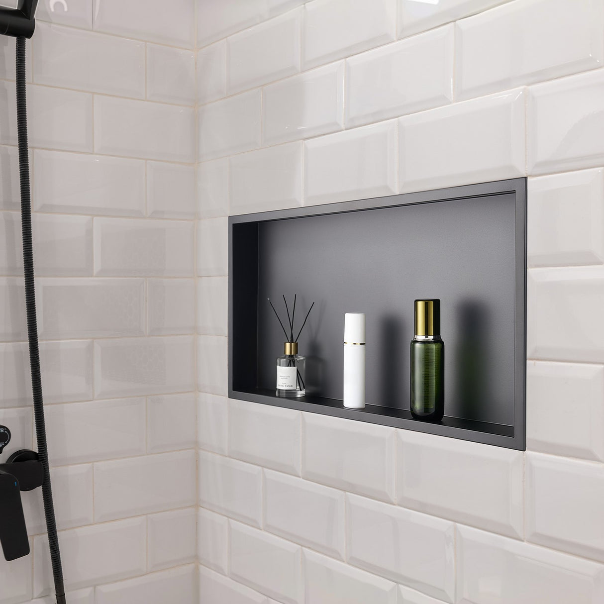 Recessed stainless steel shower niche, black, 33 x 63.5 cm single shelf