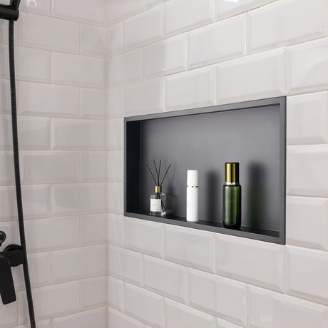 Recessed stainless steel shower niche, black, 33 x 63.5 cm single shelf