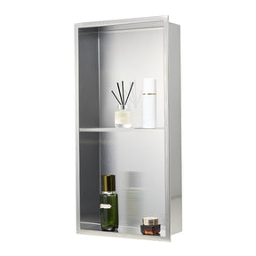 Recessed stainless steel double shelf shower niche, silver, 33 x 63.5 cm