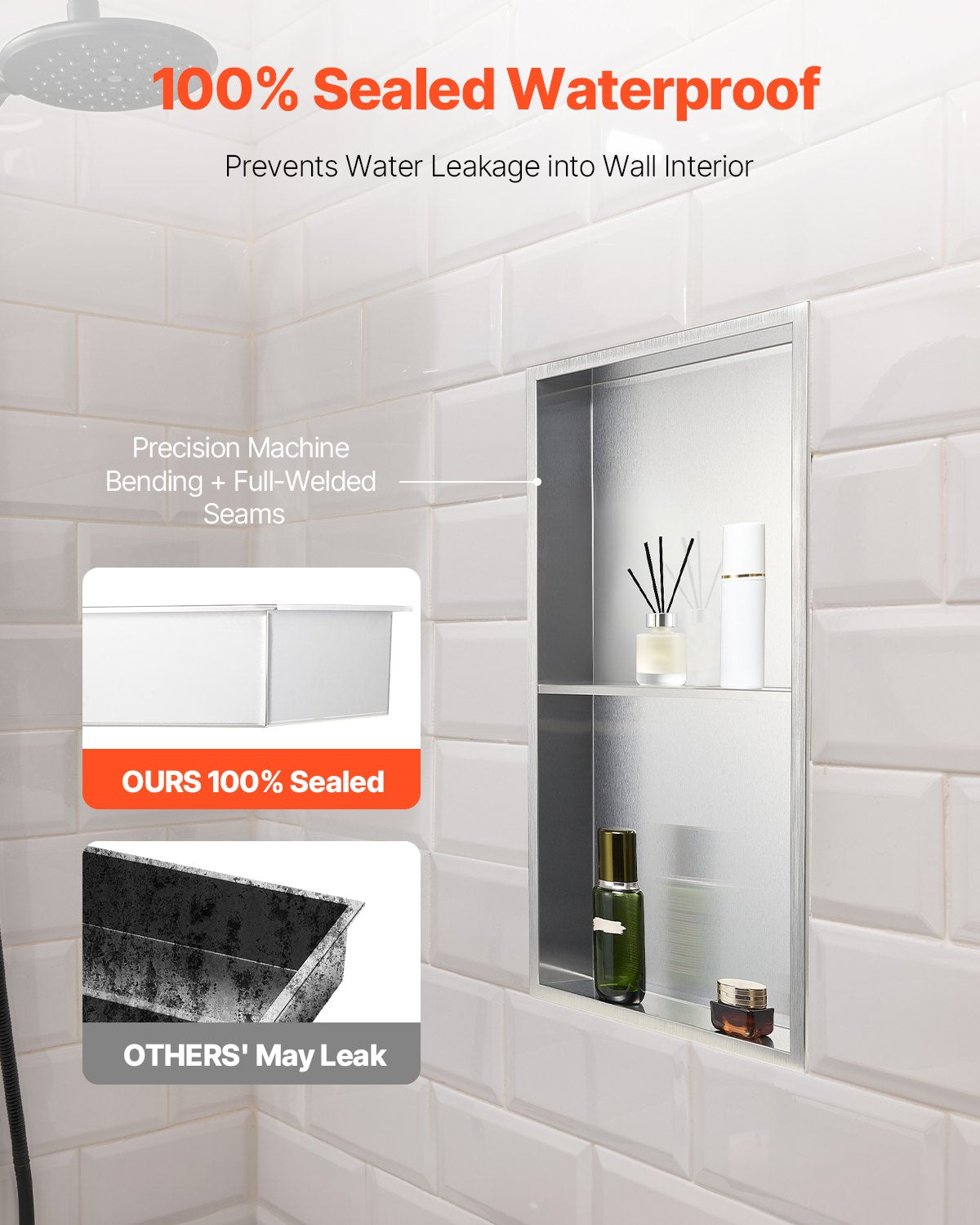 Recessed stainless steel double shelf shower niche, silver, 33 x 63.5 cm