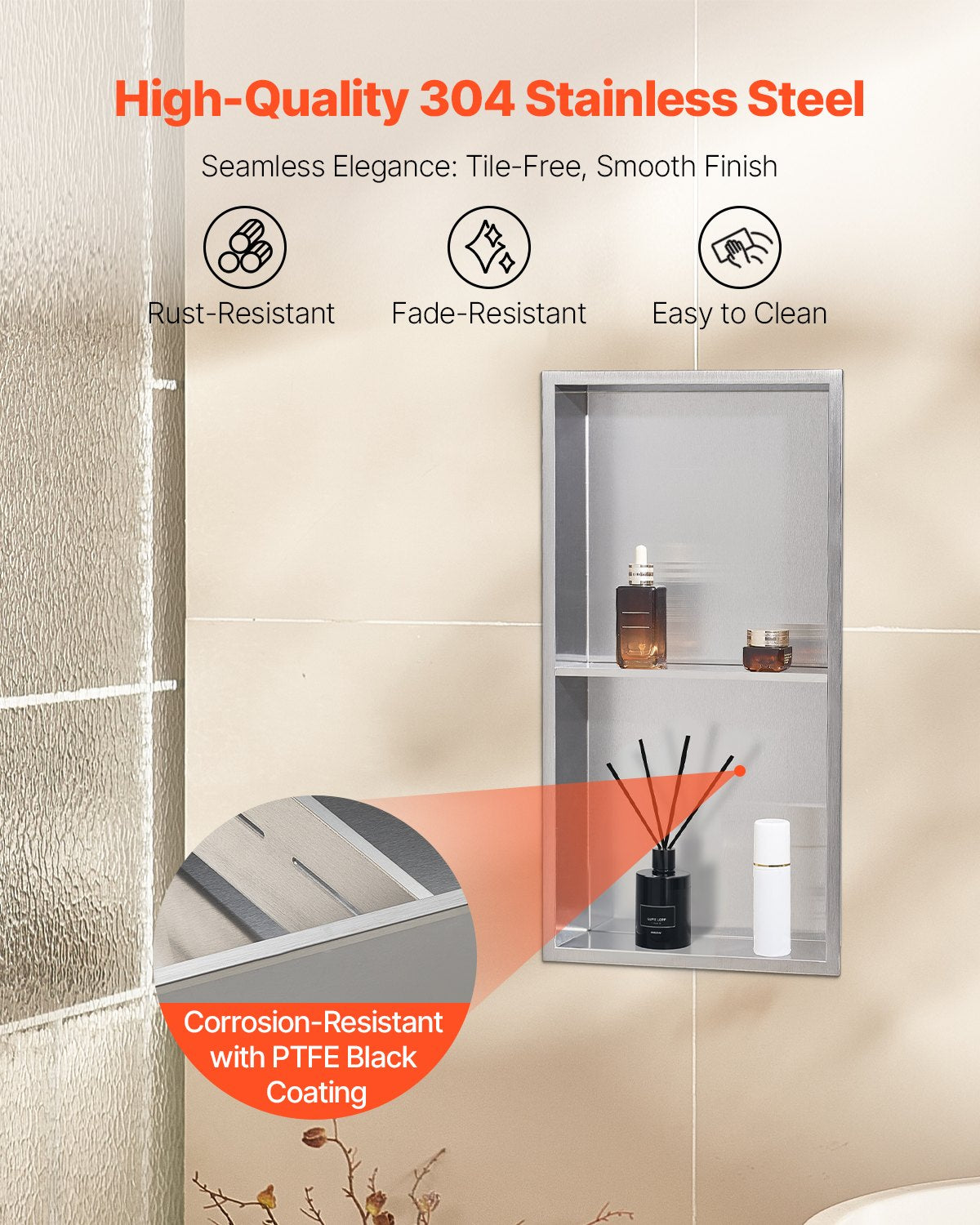 Recessed stainless steel double shelf shower niche, silver, 33 x 63.5 cm