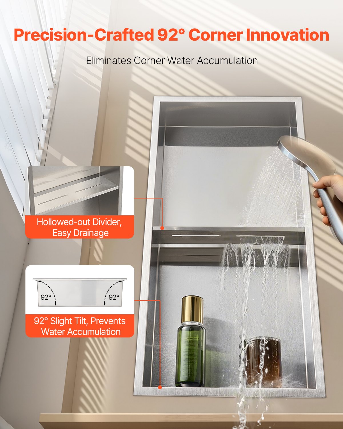 Recessed stainless steel double shelf shower niche, silver, 33 x 63.5 cm