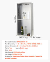 Recessed stainless steel double shelf shower niche, silver, 33 x 63.5 cm