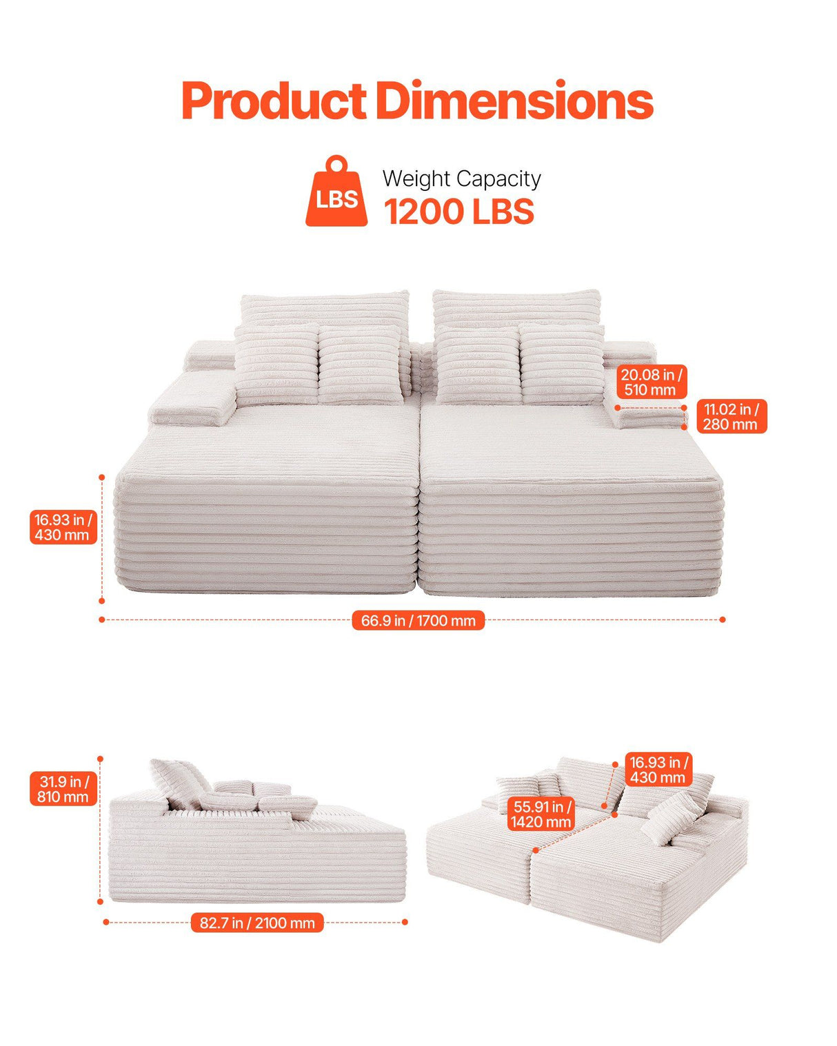 Llanca 2 Seater Chaise Sofa, Beige