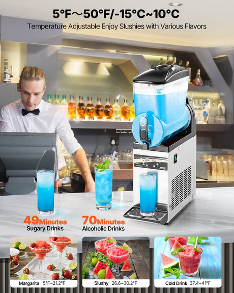 Front view of the single tank frozen drink maker filled with slushy