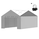 Enclosed carport with grey side walls used as a temporary garage