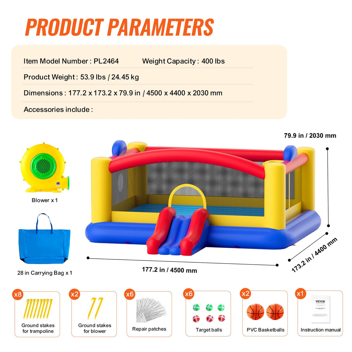 Target balls and PVC basketballs included