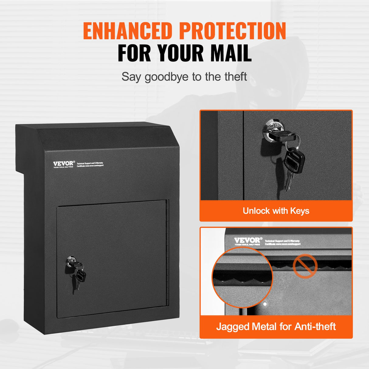 Steel through the door mail drop box with key lock, black