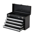 Portable metal tool box with top tray and three drawers