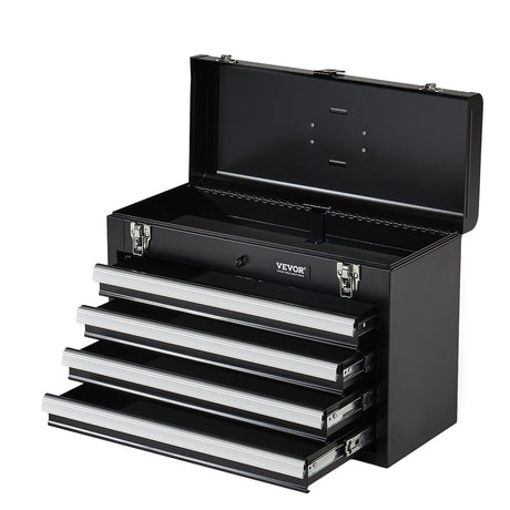 Portable metal tool box with top tray and three drawers