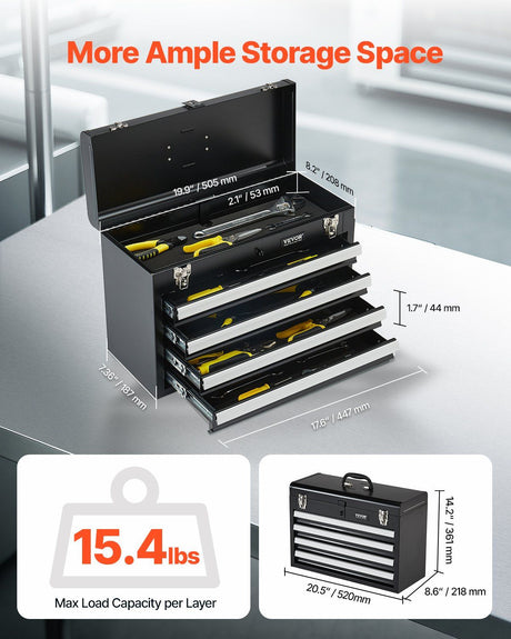 Rhymney Portable Metal Tool Box, 4 Drawer, 20.5 inch, EVA Liners