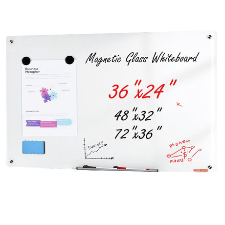 Frameless white magnetic glass whiteboard, 36 x 24 inch, wall mounted with marker tray
