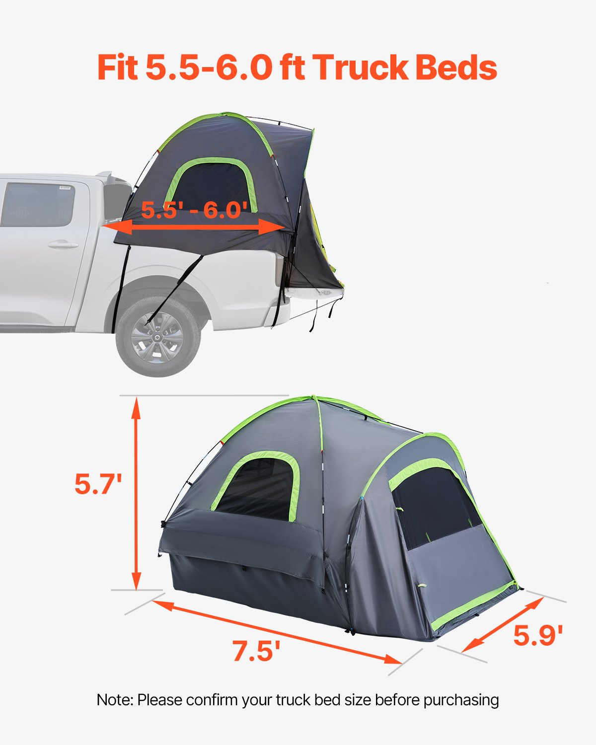 Truck Bed Tent, 5.5-6ft, Waterproof PU2000, 2-3 Person, Camping