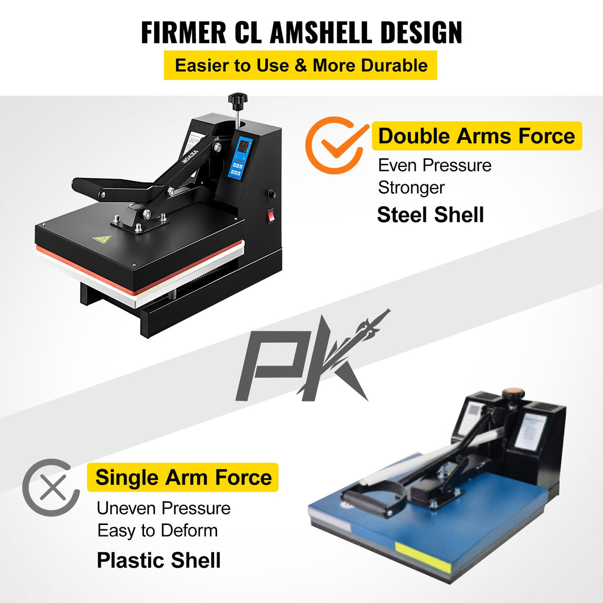 Clamshell heat press shown open with lower platen exposed